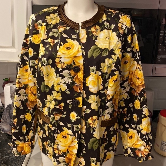 b womens brown floral button lined blazer L - Picture 1 of 3